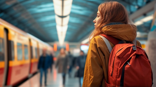 Frau mit Rucksack läuft im Bahnhof