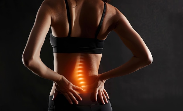 Frau mit Rückenschmerzen, die Beschwerden aufweisen, hervorgehobenes Gesundheits- und Medizinkonzept