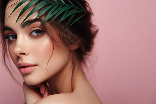 Frau mit schönem Hautgesicht mit tropischem Blatt in den Händen Mädchen mit Palmbaum Spa-Modell