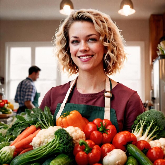 Frau mit Schürze und Gemüse vegetarische vegane Lebensmittel