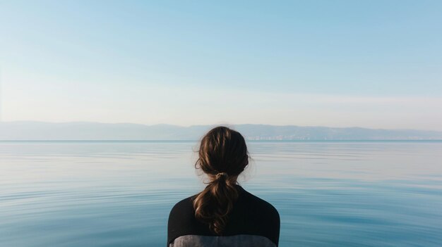 Foto frau mit schwarzem pullover sitzt friedlich am genfer see und betrachtet das morgenwasser