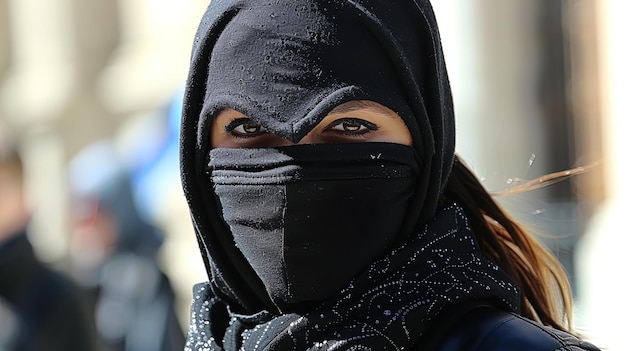 Frau mit schwarzer Maske und Schal