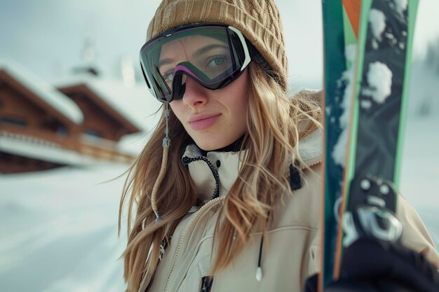 Frau mit Ski und Snowboard