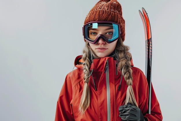 Frau mit Ski und Snowboard