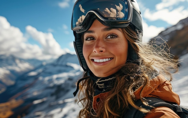 Frau mit Skibrille und Skihelm auf dem Schneeberg