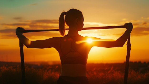 Frau mit Skis vor dem Sonnenuntergang Fitness-Modell mit Widerstandsbändern am Sonnenaufgang