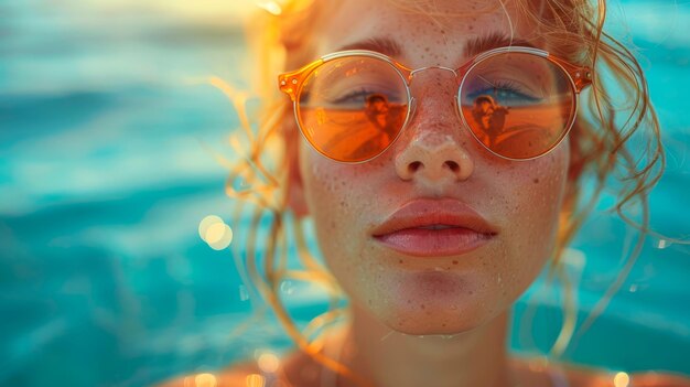 Foto frau mit sonnenbrille steht im wasser generative ki