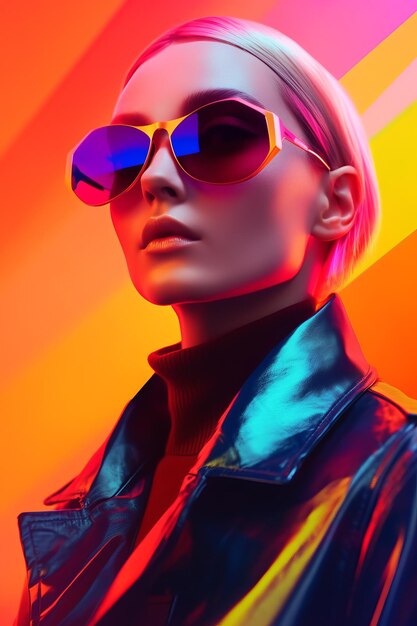 Frau mit Sonnenbrille und Lederjacke vor buntem Hintergrund Generative KI