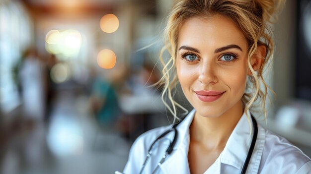 Foto frau mit stethoskop im krankenhaus