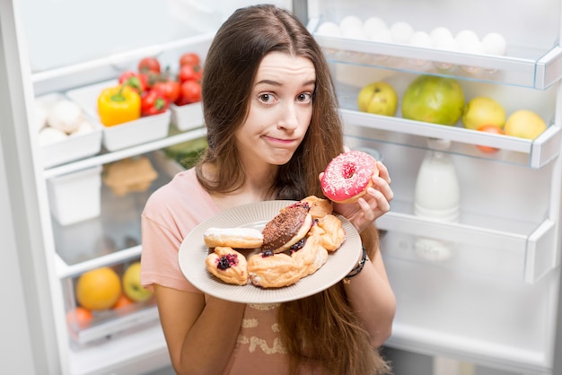 Frau mit süßem Essen in der Nähe des Kühlschranks