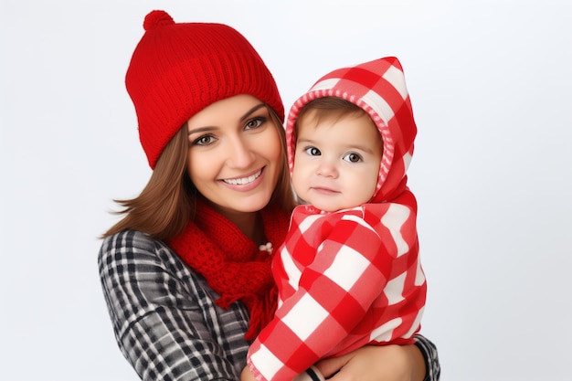 Frau mit süßem kleinen Kind Tragen süße Weihnachts-Outfits Mütter kleinen Sohn Isoliert auf weiß