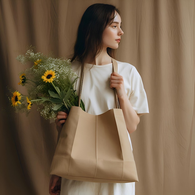 Foto frau mit tasche und blumenbeige-ästhetik