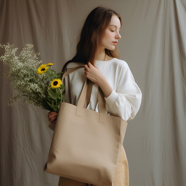 Foto frau mit tasche und blumenbeige-ästhetik