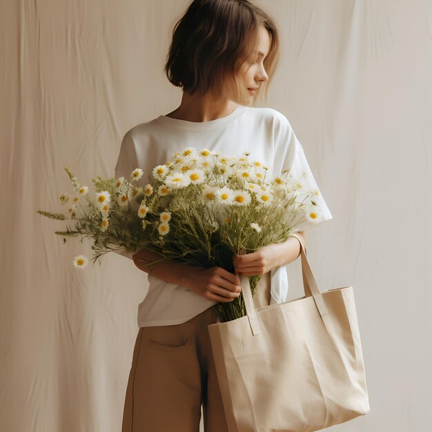 Foto frau mit tasche und blumenbeige-ästhetik