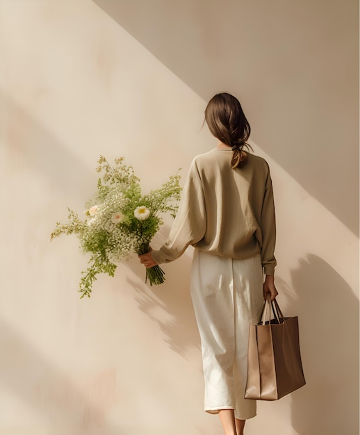 Foto frau mit tasche und blumenbeige-ästhetik