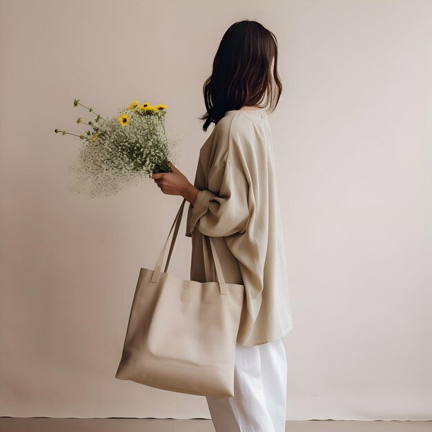 Foto frau mit tasche und blumenbeige-ästhetik