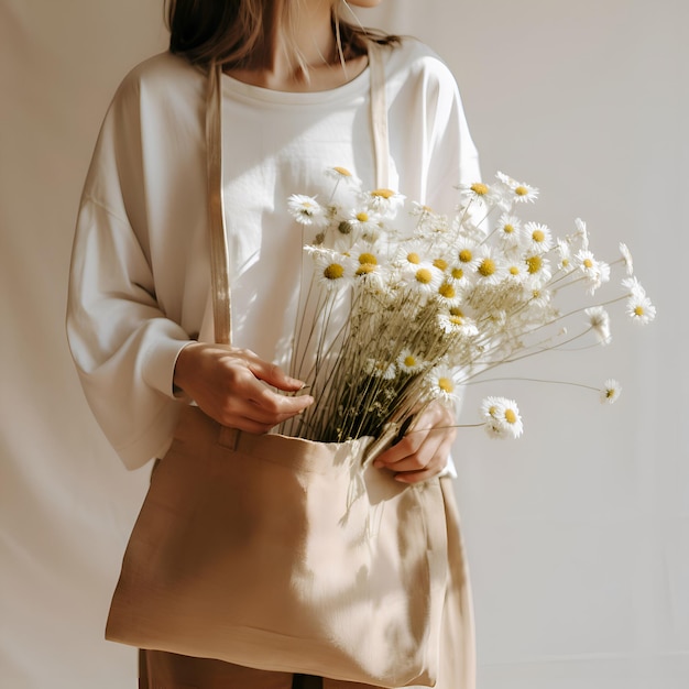 Foto frau mit tasche und blumenbeige-ästhetik