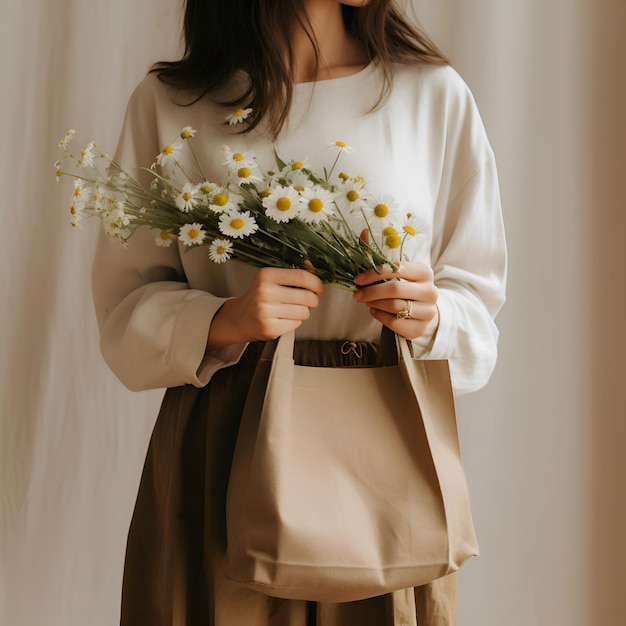 Foto frau mit tasche und blumenbeige-ästhetik