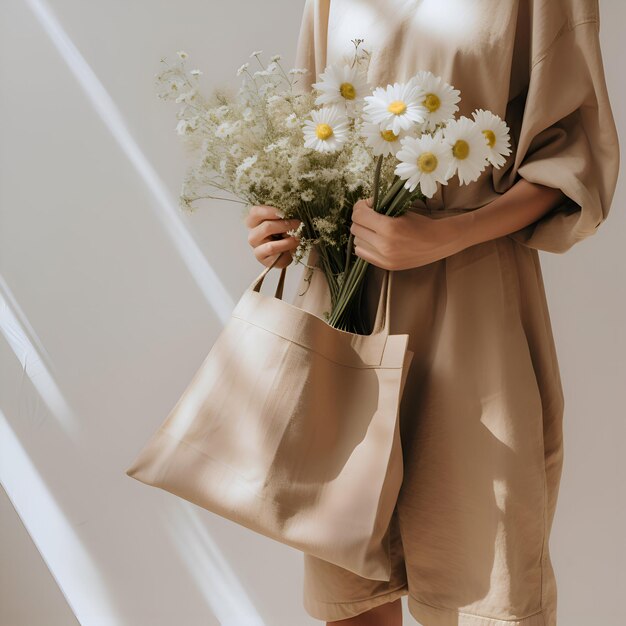 Foto frau mit tasche und blumenbeige-ästhetik