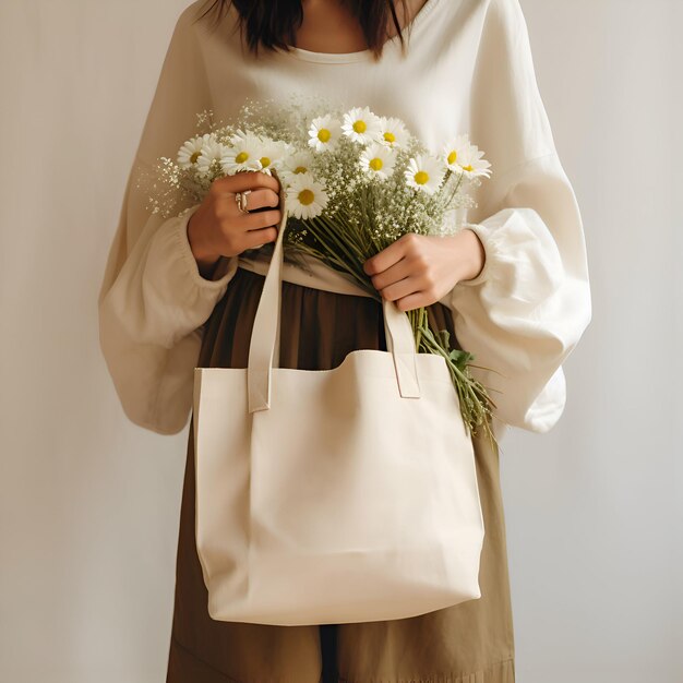 Foto frau mit tasche und blumenbeige-ästhetik