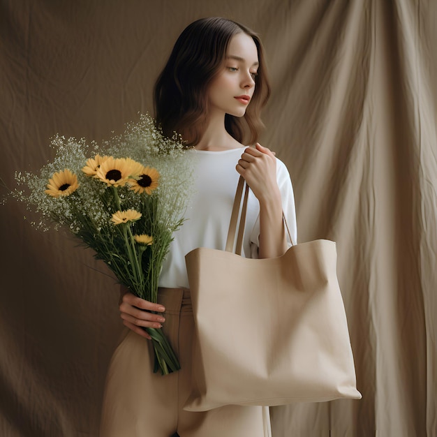 Foto frau mit tasche und blumenbeige-ästhetik