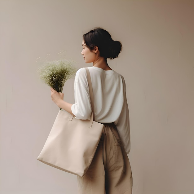 Foto frau mit tasche und blumenbeige-ästhetik