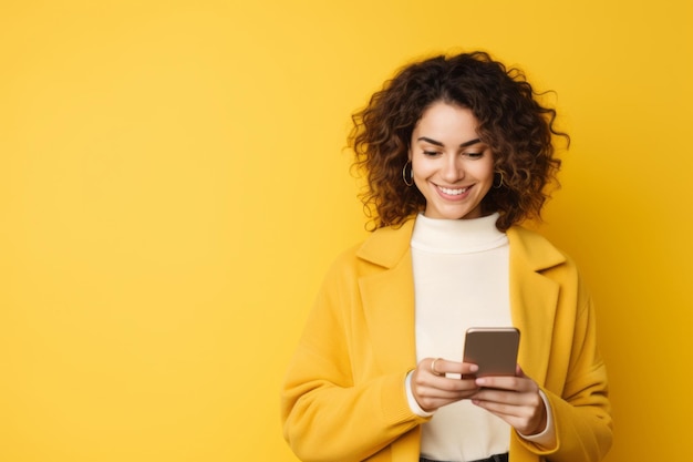 Frau mit Telefon auf gelbem Hintergrund