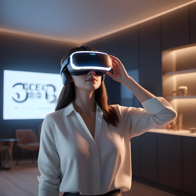 Frau mit Virtual-Reality-Brille betrachtet Innenarchitektur
