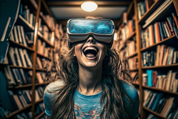 Frau mit Virtual-Reality-Brille in einer Bibliothek genießt die Unterhaltung von books.ai generiert