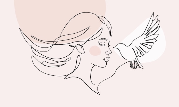 Frau mit Vogel Porträt im minimalistischen Stil Line Art Vektorillustration