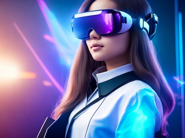 Frau mit VR-Brille in Neon-Weltraum-Virtual-Reality-Brille