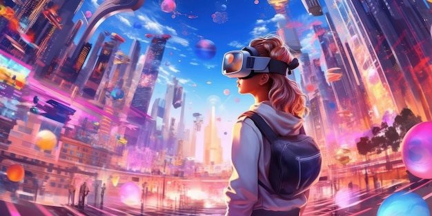 Frau mit VR-Headset erkundet die generative KI der Metaverse Virtual Reality Glasse-Technologie