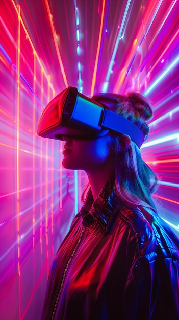 Frau mit VR-Headset mit Neon-Abstrakt-Hintergrund Virtuelle Realität und futuristische Technologie