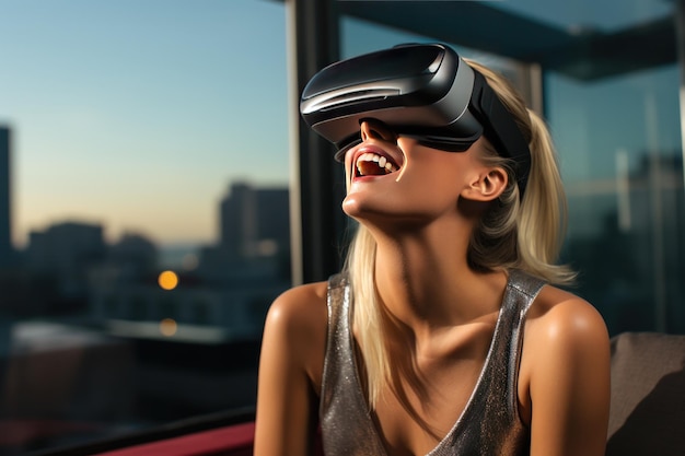 Frau mit VR-Headset und digitaler Technologie