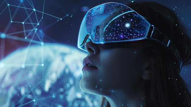 Frau mit VR-Hologrammbrille mit globalen Verbindungsleitungen