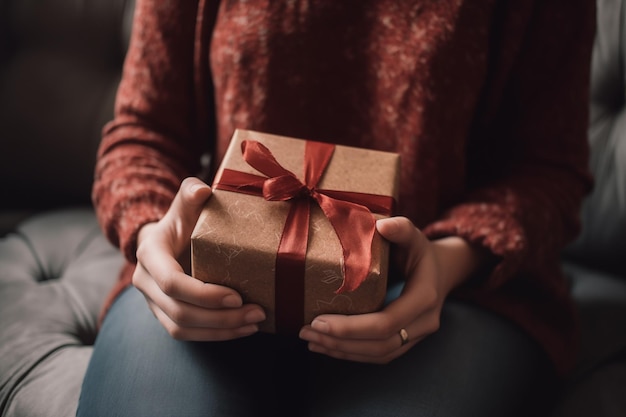 Frau mit Weihnachtsgeschenk zu Hause generativ ai