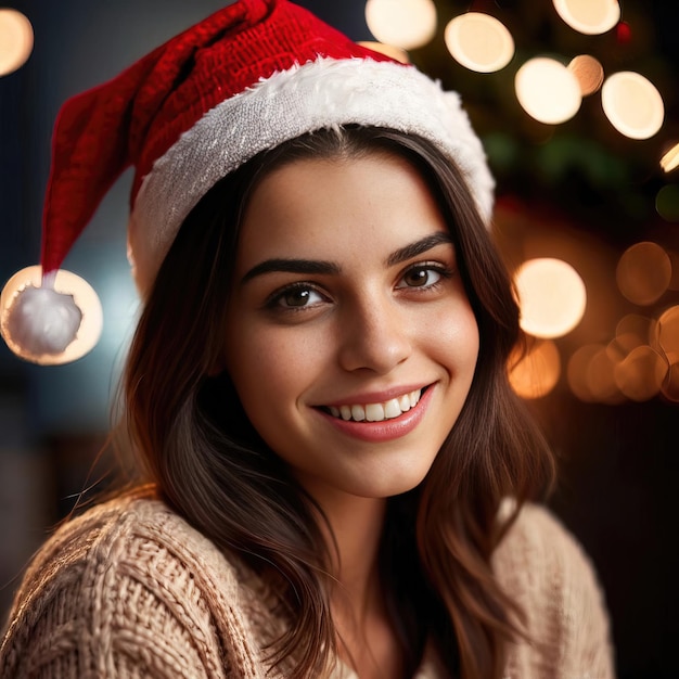 Frau mit Weihnachtsmannshut und Pullover lächelt