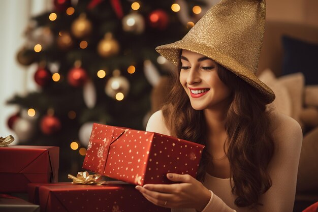 Frau mit Weihnachtsmütze und Geschenk vor einem Weihnachtsbaum in einem Luxushaus