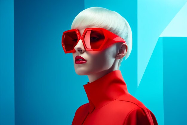 Foto frau mit weißem haar und roter sonnenbrille im gesicht
