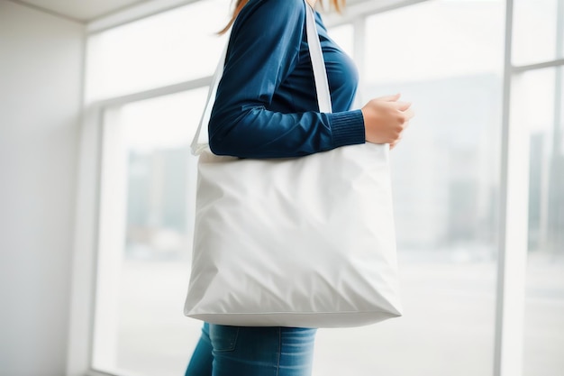 Frau mit weißer Baumwolltasche in ihren Händen Mockup und Zero Waste Generative AI