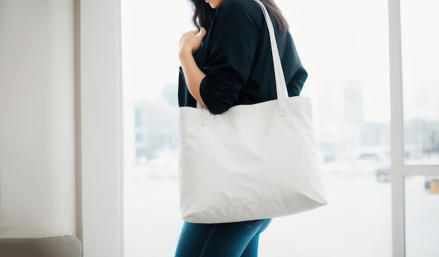 Frau mit weißer Baumwolltasche in ihren Händen Mockup und Zero Waste Generative AI