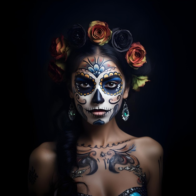 Frau mit Zuckerschädel-Make-up im Halloween-Gothic-Kostüm Catrina Girl, Tag der Toten, mexikanisches Fest