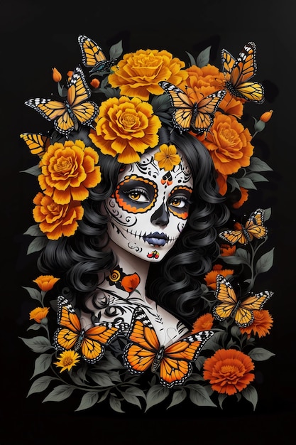 Frau mit Zuckerschädel-Make-up-Rahmen, Blumen und Schmetterlingen, Tag der Toten, Dia de los Muertos