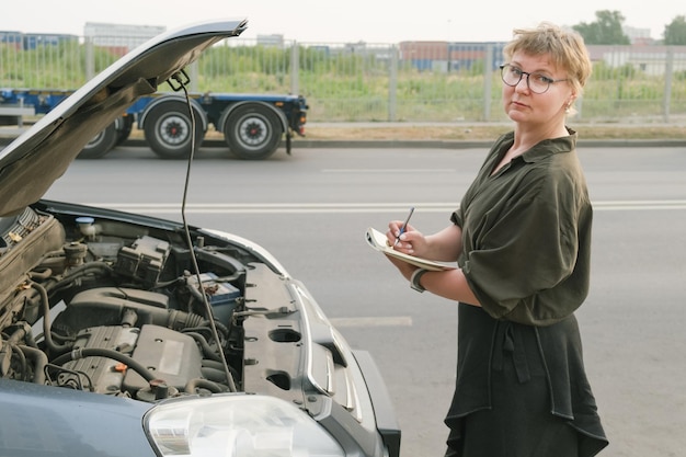 Frau mittleren Alters, die einen Notizblock hält, steht vor einem Auto mit offener Motorhaube