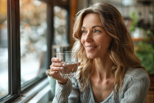 Frau mittleren Alters in lässiger Kleidung zu Hause mit einer Pille und einem Glas Frischwasser