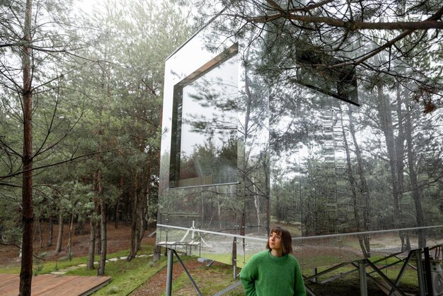 Foto frau nahe einem unsichtbaren haus im kiefernwald