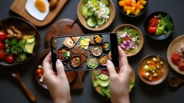 Foto frau nimmt ein foto von gesundem essen mit smartphone am tisch in nahaufnahme