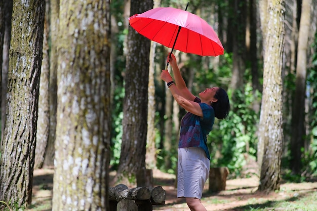 Foto frau öffnet ihren roten regenschirm, während sie an einem heißen sonnigen tag im kiefernwald spazieren geht