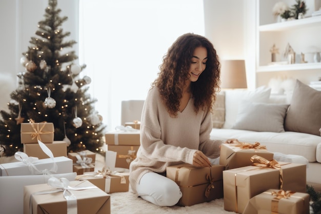 Frau packt ein paar Weihnachtsgeschenke in einem dekorierten Wohnzimmer Xmas Geist Idee