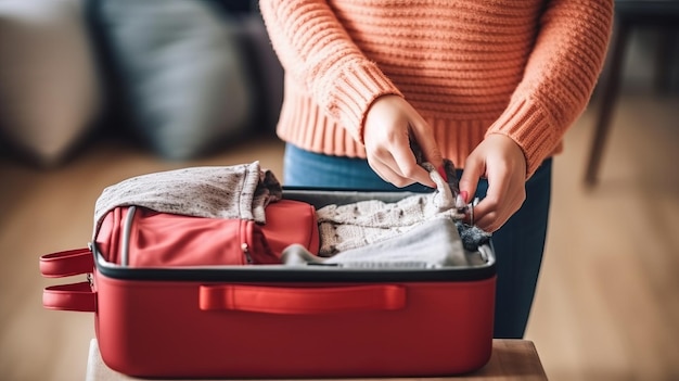 Foto frau packt koffer zu hause, draufsicht reisekonzept